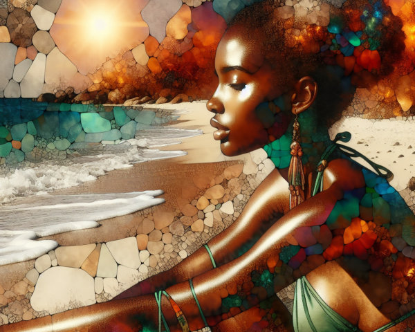 Serene Woman by Shoreline in Vibrant Beach Scene
