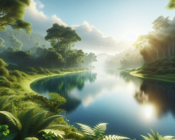 Tranquil River in Lush Green Landscape with Hills