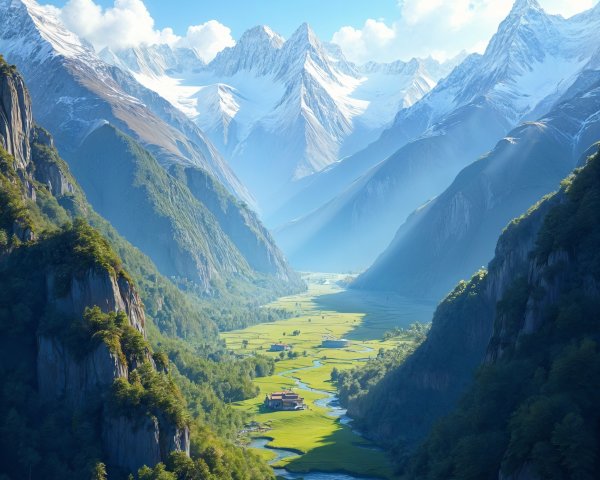Scenic valley with mountains, stream, and vibrant nature