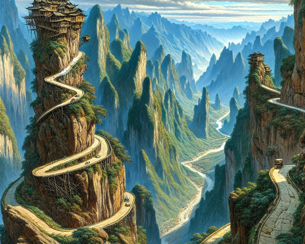 Fantastical Landscape with Mountains and Rustic Structure