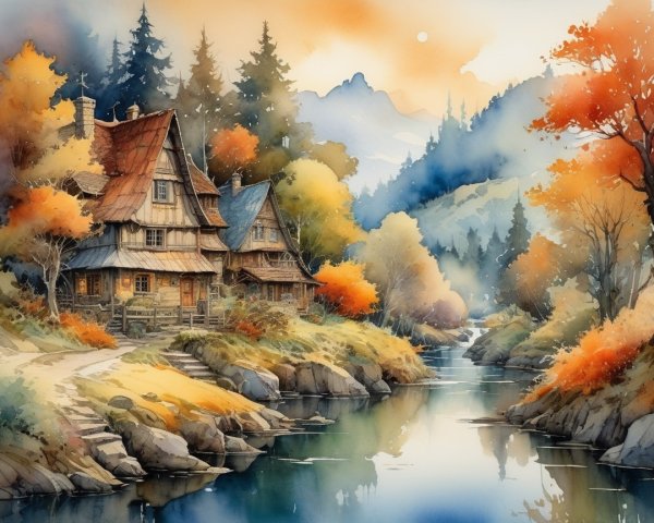 Watercolor Landscape of Rustic Houses by River