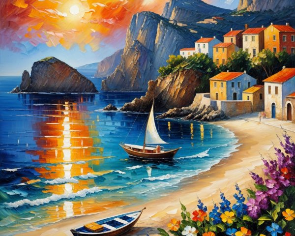 Vibrant Coastal Sunset with Colorful Houses and Sailboat