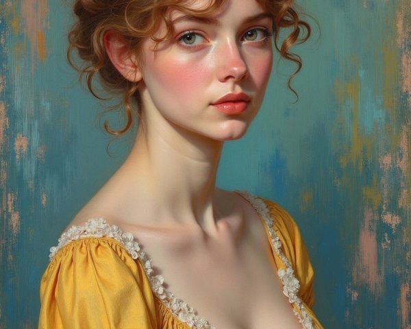 Young woman in yellow dress with curly hair and blush