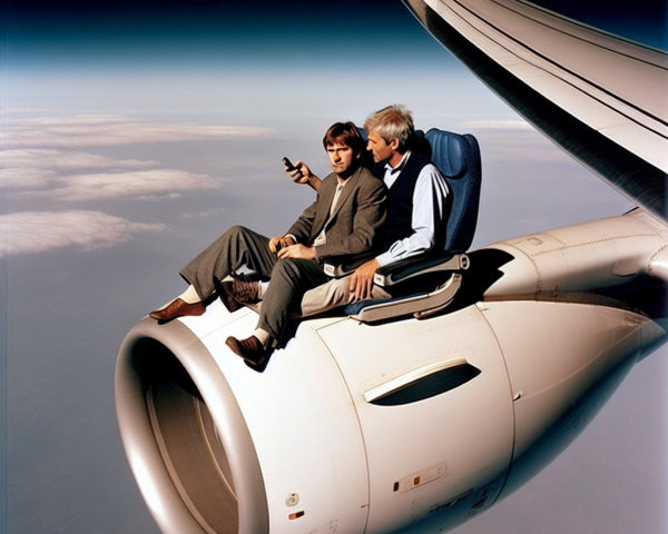 Men in Suits Relaxing on Jet Engine Above Clouds