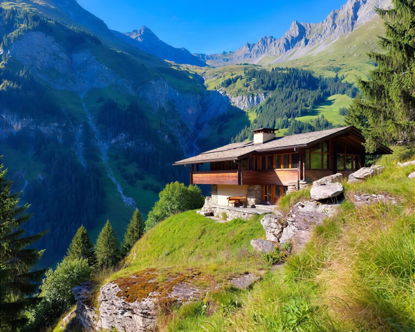 Wooden chalet on green hillside in Swiss Alps