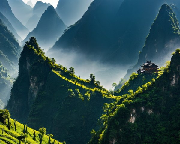 Majestic mountains with lush greenery and mist