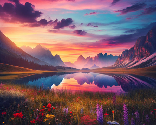 Vibrant Sunset Over a Serene Lake and Mountains