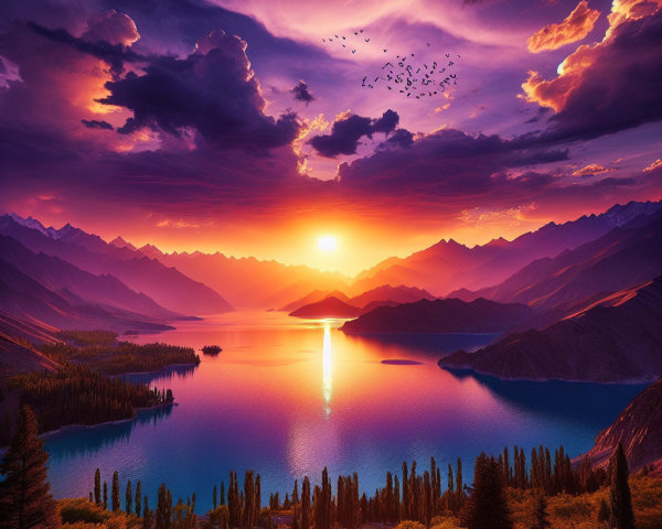 Tranquil Lake Sunset with Vibrant Colors and Mountains