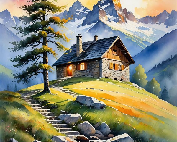Watercolor Painting of Cottage on Hillside at Sunset