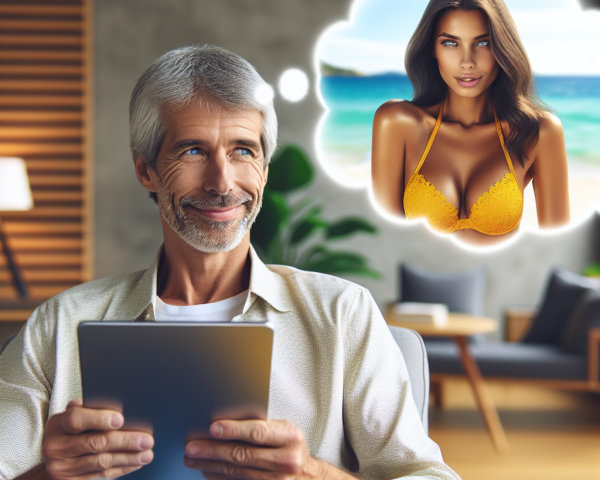 Gray-haired man daydreams in modern living room setting