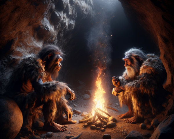 Ancient Hominids by Fire in Dim Cave Setting