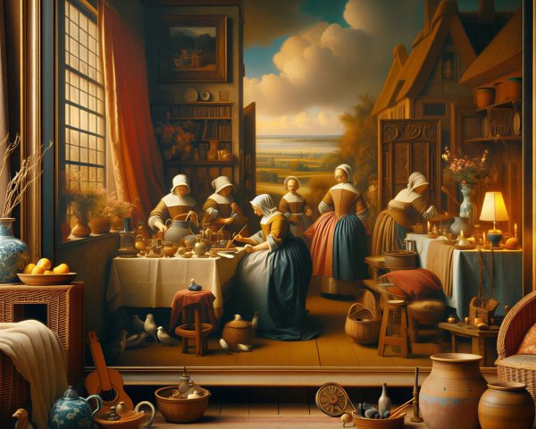 Rustic Interior with Women in Domestic Activities