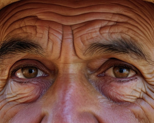 Close-up of an elderly man's textured face and eyes