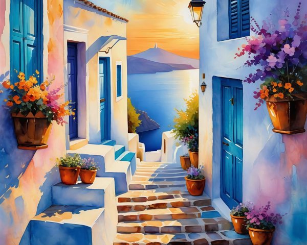 Watercolor depiction of a Greek alleyway at sunset