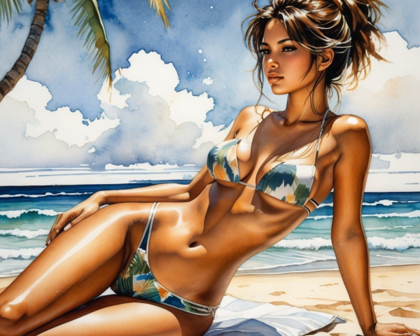 Woman Relaxing on Beach Under Bright Sky