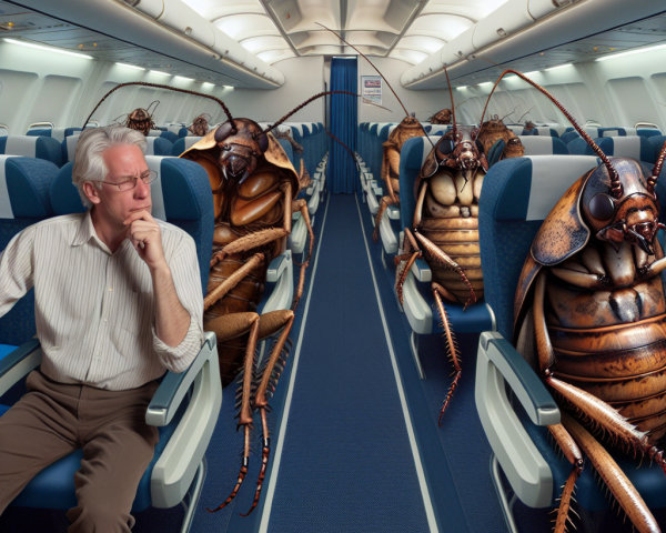 Airplane Interior with Seats and Oversized Cockroaches