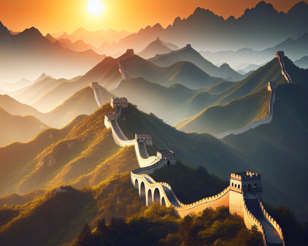Great Wall of China at Sunset in Mountainous Landscape