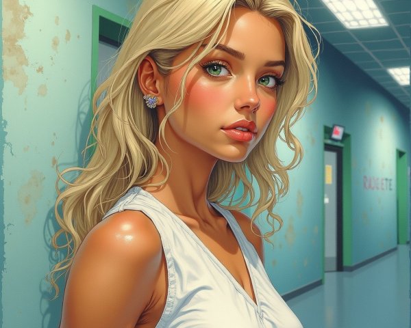 Young Woman with Blonde Hair in Modern Hallway