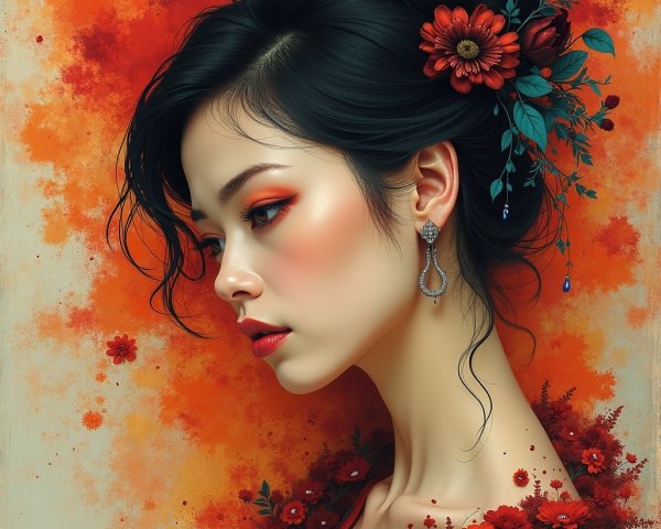 Profile of a woman with floral hair accessory and vibrant background