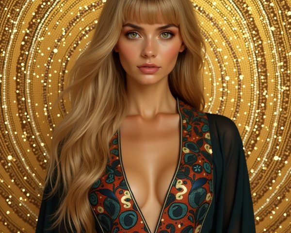 Stunning Woman in Vibrant Dress Against Golden Background