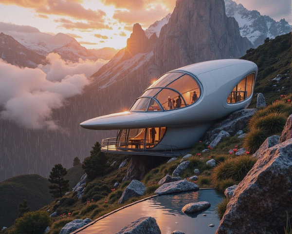 Futuristic Oval-Shaped House on Mountain Slope at Sunset