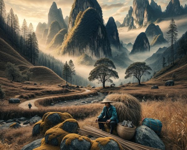 Serene Landscape with Mountains and Traditional Weaver