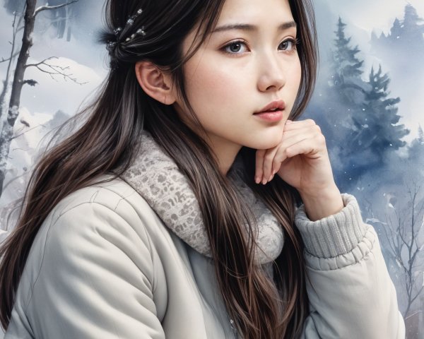 Serene Portrait of a Young Woman in Winter Landscape