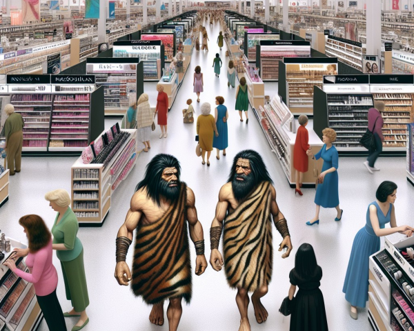 Cavemen in Grocery Store Highlighting Cultural Evolution