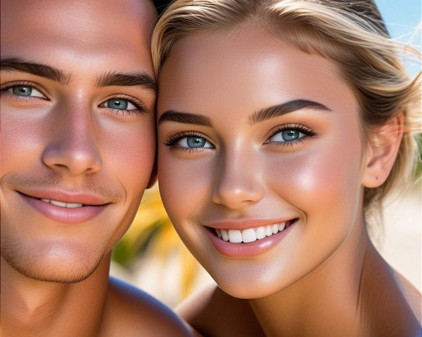 Close-Up Portrait of a Smiling Young Couple at Beach