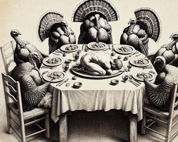 Surreal Dining Scene with Anthropomorphic Turkeys
