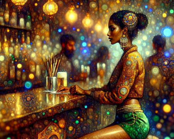 Adorned Woman in a Colorful Bar Atmosphere