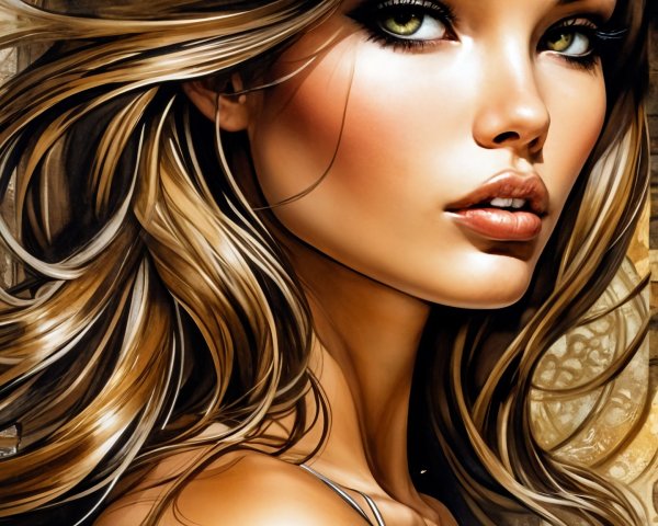 Striking Woman with Flowing Hair and Green Eyes