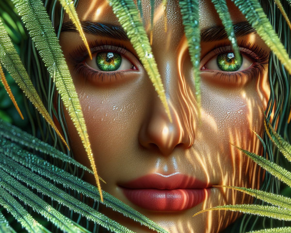 Portrait of a woman surrounded by palm leaves and sunlight