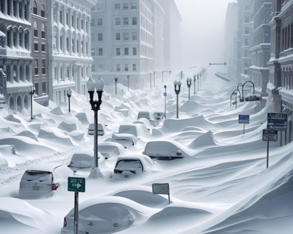 City Street Covered in Deep Snow During Winter Storm