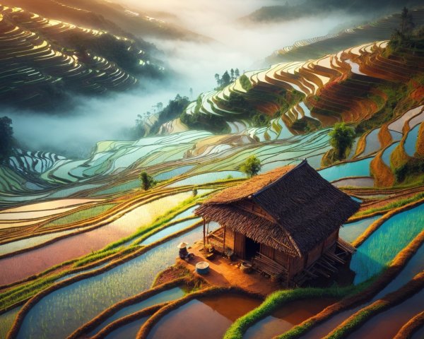 Serene Landscape with Wooden Hut and Rice Fields