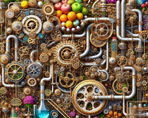 Intricate Steampunk Landscape with Nature and Machinery