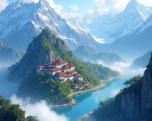 Tranquil Mountain Landscape with Monastery and River