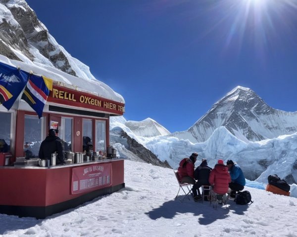 Oxygen Station on Snowy Mountain with Climbers Nearby