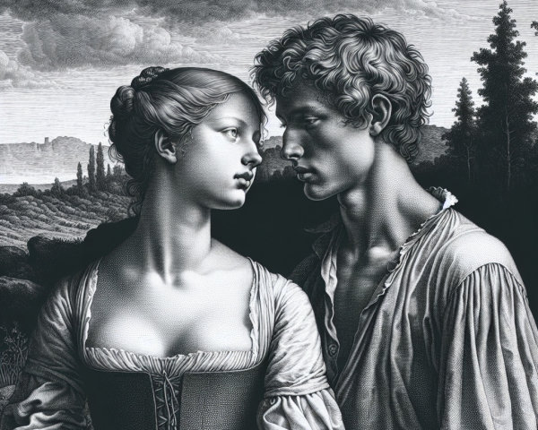 Black and White Artwork of a Young Couple in Nature