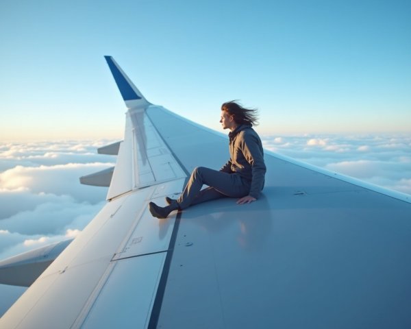 Person on Airplane Wing Above Fluffy Clouds