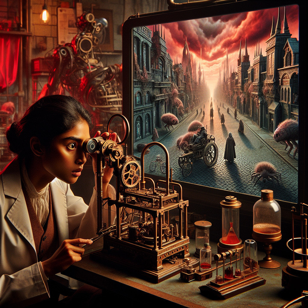 Young woman in lab with steampunk monocular and machinery