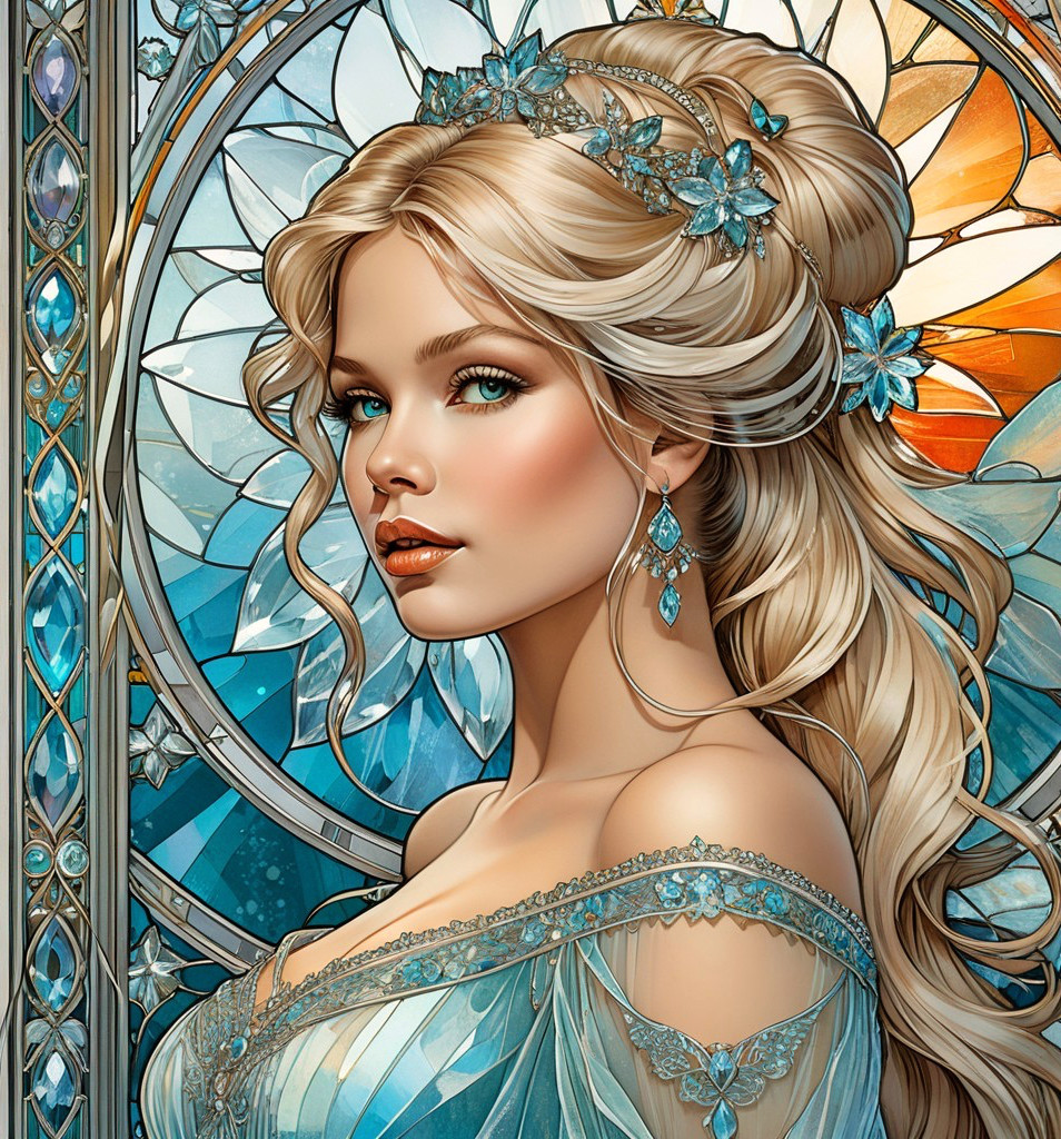 Blonde Woman in Ornate Gown with Stained Glass Background