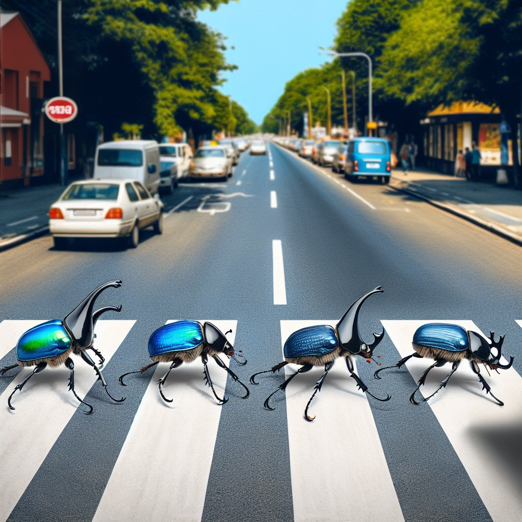 Colorful Beetles Crossing City Street in Whimsical Scene