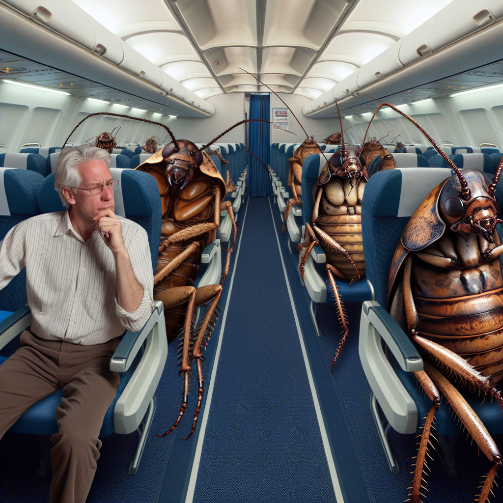 Airplane Interior with Seats and Oversized Cockroaches