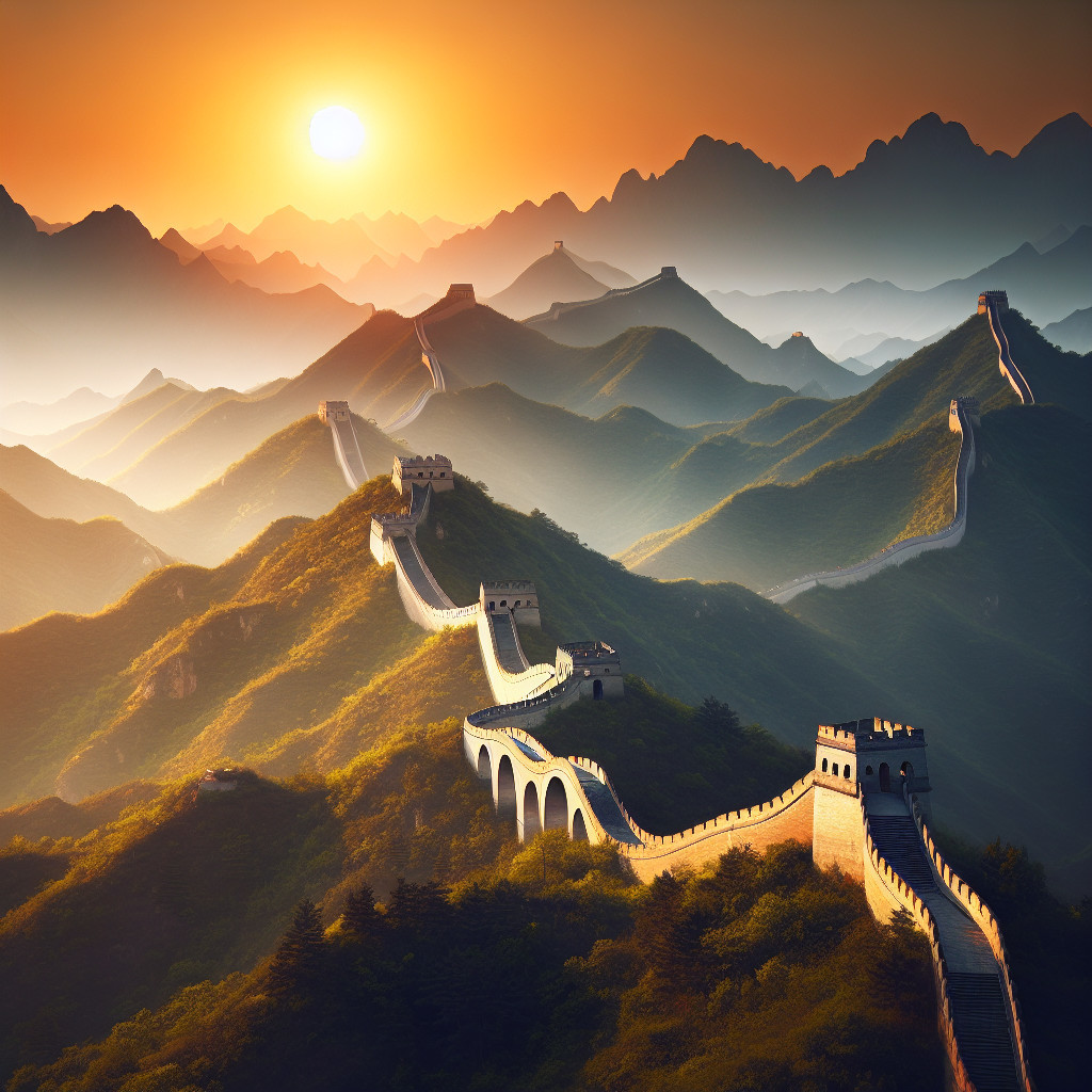 Great Wall of China at Sunset in Mountainous Landscape