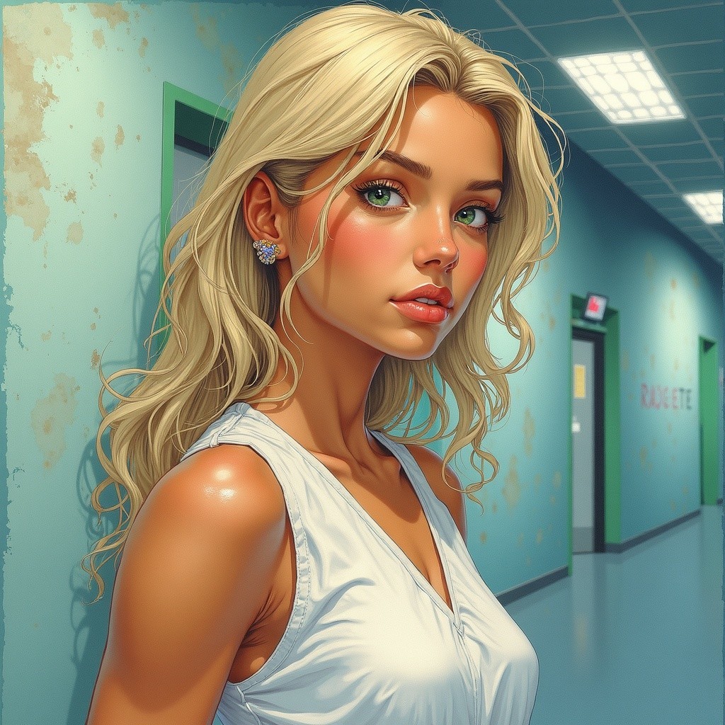 Young Woman with Blonde Hair in Modern Hallway