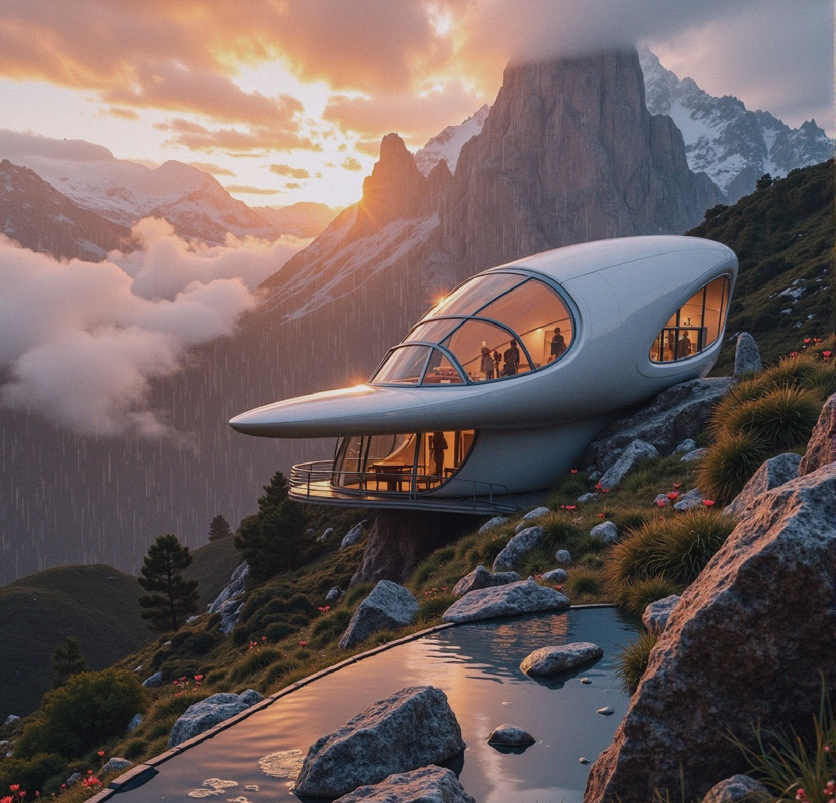 Futuristic Oval-Shaped House on Mountain Slope at Sunset