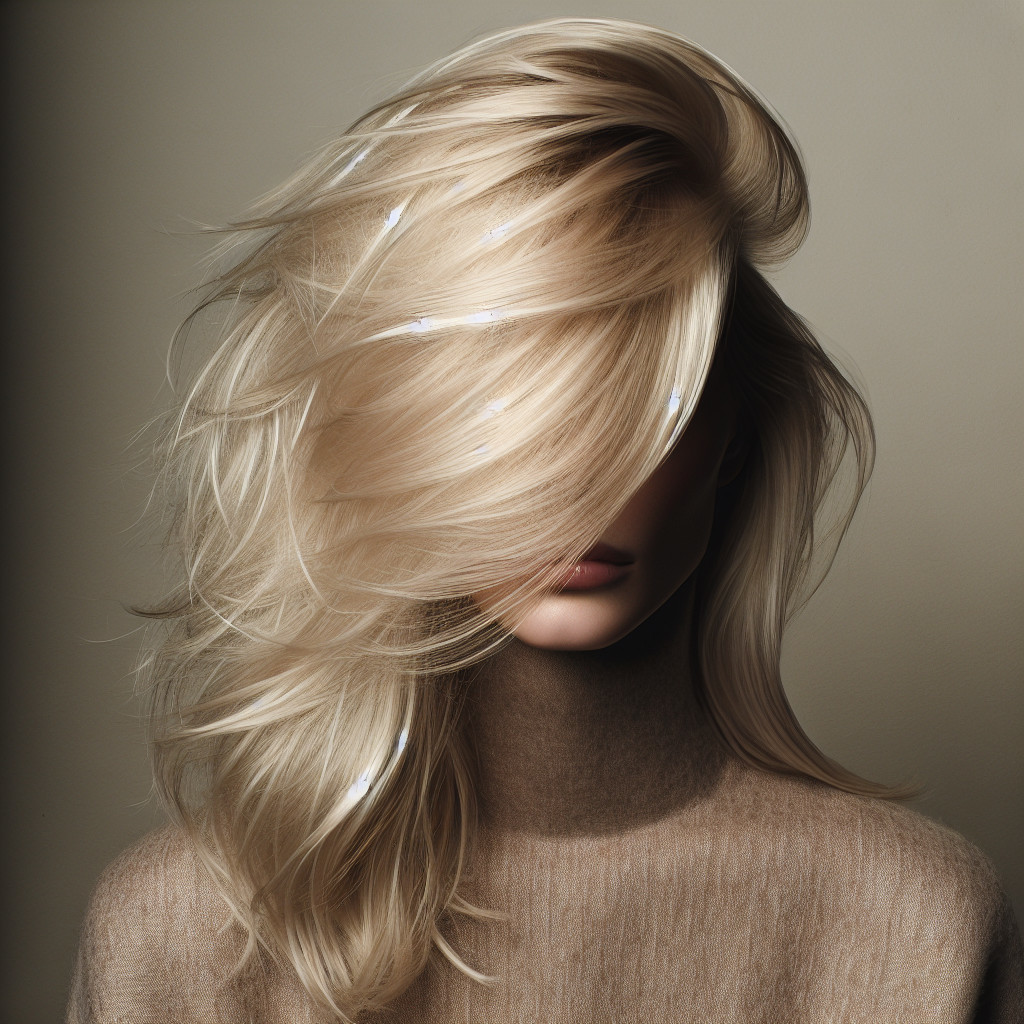 Model with Voluminous Blonde Hair in Neutral Sweater