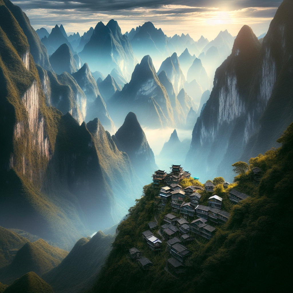 Mist-Covered Mountains and Quaint Hillside Houses