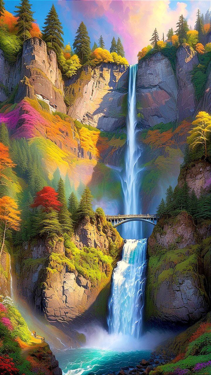 Waterfall Surrounded by Autumn Foliage and Evergreen Trees